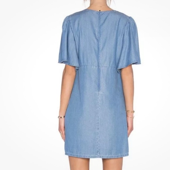 Lovers + Friends‎ Denim V Neck Tie Blue Puff Sleeve Chambray Mini Dress - Picture 2 of 11